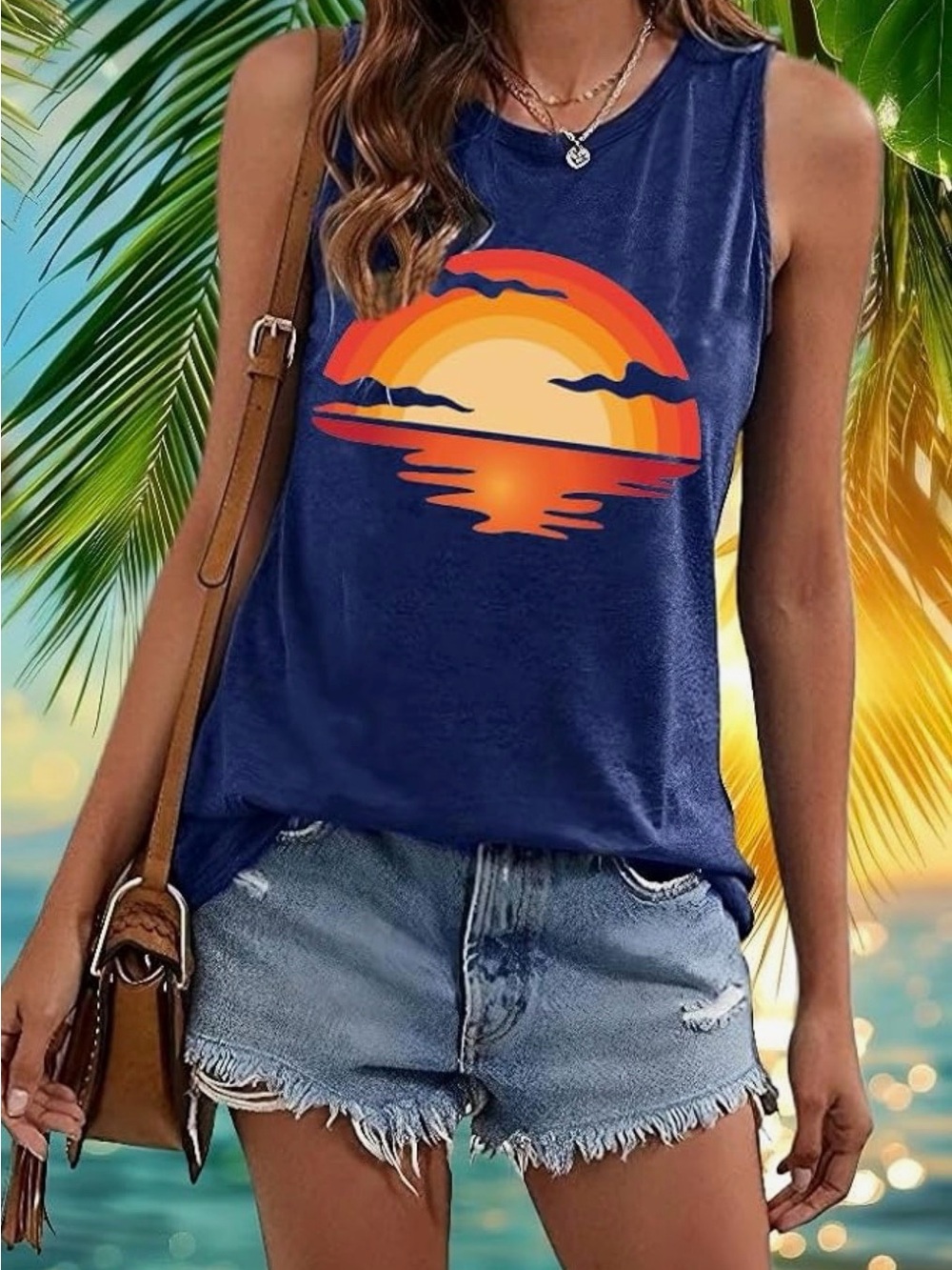 Women's Navy Sunset Graphic Tank Top - Casual Summer Comfort Beachwear